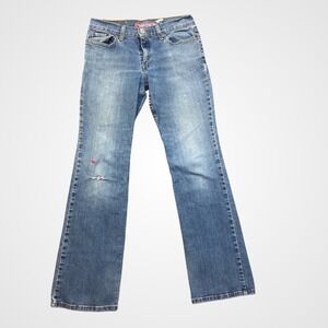 Levi's 518 Superlow Bootcut Jeans Women 7 Blue Fair Distressed Heart Embroidery